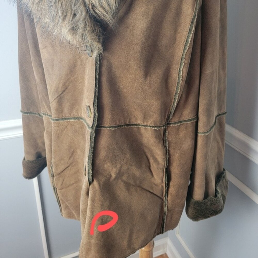 VENEZIA JEANS VTG Brown Suede Exposed Seam Faux Fur Lapel Collar Jacket Coat - Picture 11 of 11